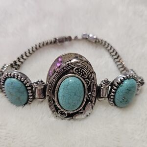 Hippie Boho tribal silver turquoise bracelet